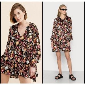 Free People Daisy Jane Mini Dress Oversized Large Floral Retro Boho 70’s Party